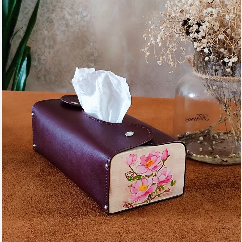 کیف دستمال کاغذی چرم و چوب طرح شکوفه گیلاس