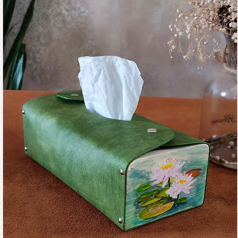 جای دستمال کاغذی چرم و چوب طرح نیلوفر مرداب