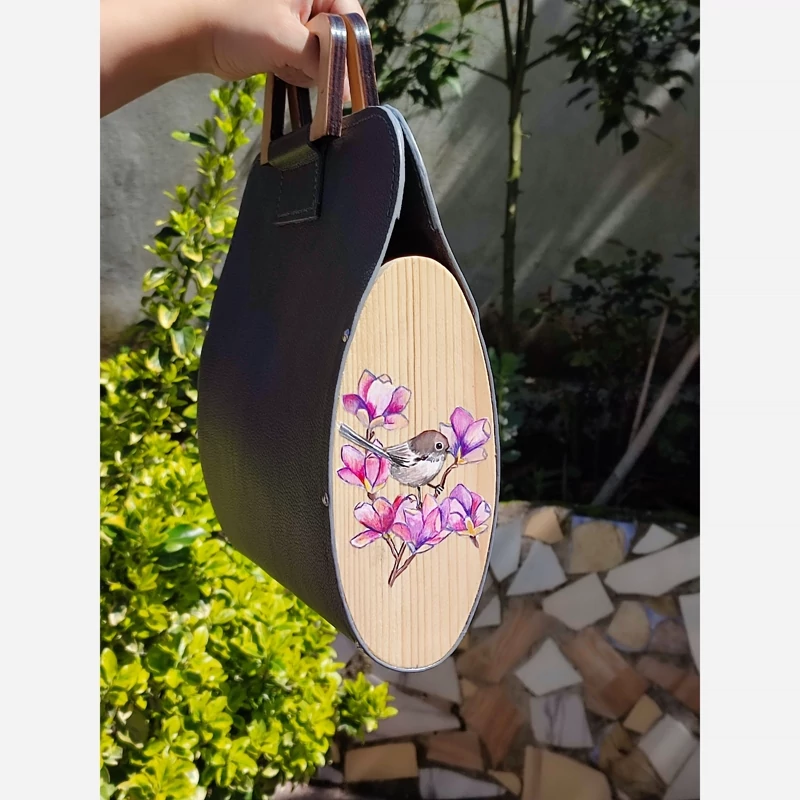 کیف دسته چوبی طرح گنجشک